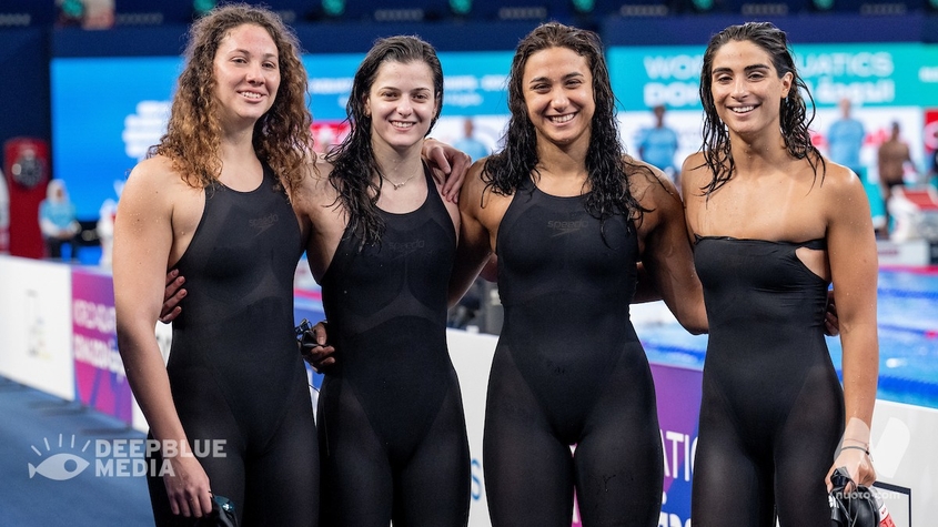 Italy, left to right, Chiara Tarantino, Costanza Cocconcelli, Sofia Morini, Emma Virginia Menicucci during the 21st World Aquatics Championships at the Aspire Dome in Doha (Qatar), February 11th, 2024.