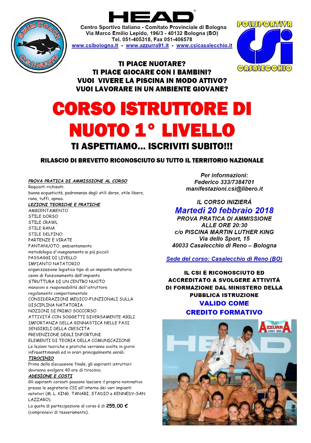 Corso istruttore nuoto primo livello 2018