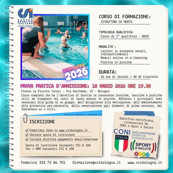 CORSO ISTRUTTORI NUOTO marzo 2026 CSI BOLOGNA